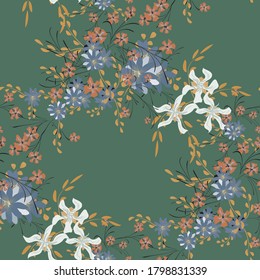 Floral Seamless Pattern with Violets and Daisy Flowers. Small Elements for Print, Textile, Linen. Pretty Pattern for Wrapping Paper. Vector Wild Flowers. Colorful Rapport in Retro Style.