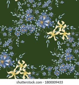 Patrón floral sin foco con flores violetas y margaritas. Elementos pequeños para impresión, textil, lino. Patrón bonito para envolver papel. Flores salvajes vectoriales. Un reportaje colorido al estilo retro.
