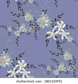 Patrón floral sin foco con flores violetas y margaritas. Elementos pequeños para impresión, textil, lino. Patrón bonito para envolver papel. Flores salvajes vectoriales. Un reportaje colorido al estilo retro.