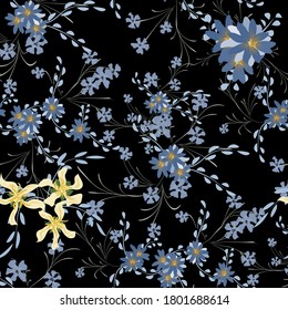 Floral Seamless Pattern with Violets and Daisy Flowers. Small Elements for Print, Textile, Linen. Pretty Pattern for Wrapping Paper. Vector Wild Flowers. Colorful Rapport in Retro Style.
