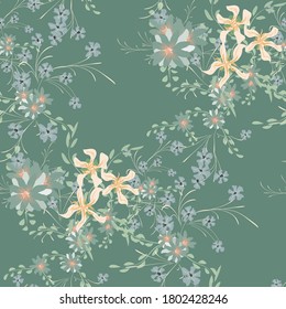 Patrón floral sin foco con flores violetas y margaritas. Elementos pequeños para impresión, textil, lino. Patrón bonito para envolver papel. Flores salvajes vectoriales. Un reportaje colorido al estilo retro.