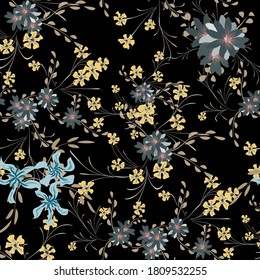 Patrón floral sin foco con flores violetas y margaritas. Elementos pequeños para impresión, textil, lino. Patrón bonito para envolver papel. Flores salvajes vectoriales. Un reportaje colorido al estilo retro.