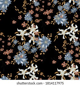 Floral Seamless Pattern with Violets and Daisy Flowers. Small Elements for Print, Textile, Linen. Pretty Pattern for Wrapping Paper. Vector Wild Flowers. Colorful Rapport in Retro Style.