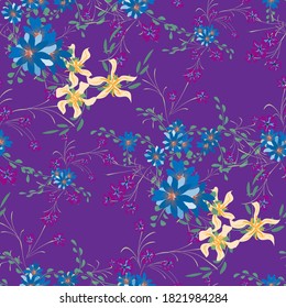 Patrón floral sin foco con flores violetas y margaritas. Elementos pequeños para impresión, textil, lino. Patrón bonito para envolver papel. Flores salvajes vectoriales. Un reportaje colorido al estilo retro.
