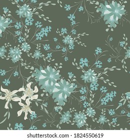 Floral Seamless Pattern with Violets and Daisy Flowers. Small Elements for Print, Textile, Linen. Pretty Pattern for Wrapping Paper. Vector Wild Flowers. Colorful Rapport in Retro Style.