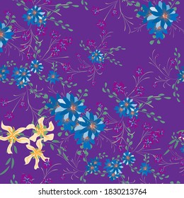 Patrón floral sin foco con flores violetas y margaritas. Elementos pequeños para impresión, textil, lino. Patrón bonito para envolver papel. Flores salvajes vectoriales. Un reportaje colorido al estilo retro.