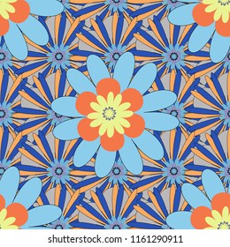 Floral seamless pattern. Floral wall art painting for home. Vector abstract flowers. Floral card. Greeting card. Blue, orange and gray spring flowers. Wedding invitation template.