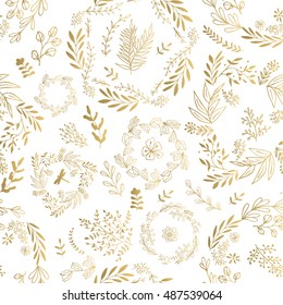 Floral seamless pattern. Wallpaper baroque, damask. White and gold ornament. Wreath, branches, flowers decoration. Glitter vector background. 