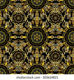 Floral seamless pattern. Wallpaper baroque, damask. Seamless background. Yellow ornament on a black background.