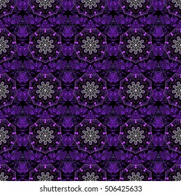 Floral seamless pattern. Wallpaper baroque, damask. Seamless background. Violet ornament on a black background.