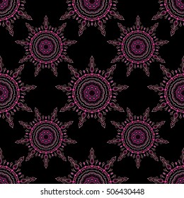 Floral seamless pattern. Wallpaper baroque, damask. Seamless background. Violet ornament on a black background.
