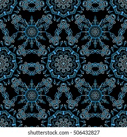 Floral seamless pattern. Wallpaper baroque, seamless vector background, blue on black background.