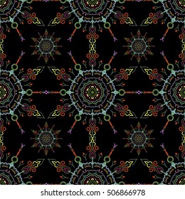 Floral seamless pattern. Wallpaper baroque, seamless vector background, green and red on black background.