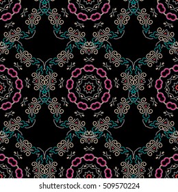 Floral seamless pattern. Wallpaper baroque, seamless vector background, green on black background.
