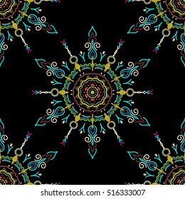 Floral seamless pattern. Wallpaper baroque, damask. Seamless background. Yellow, blue and brown ornament on a black background.