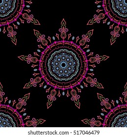 Floral seamless pattern. Wallpaper baroque, seamless vector background, pink, neutral and blue on black background.