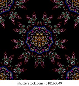 Floral seamless pattern. Wallpaper baroque, seamless vector background, pink, purple and violet on black background.
