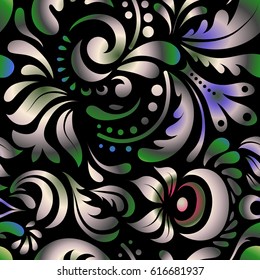 Floral seamless pattern. Wallpaper baroque, seamless vector background, beige and green on black background.