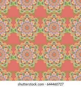 Floral seamless pattern. Wallpaper baroque, seamless vector background in green, yellow and blue colors.