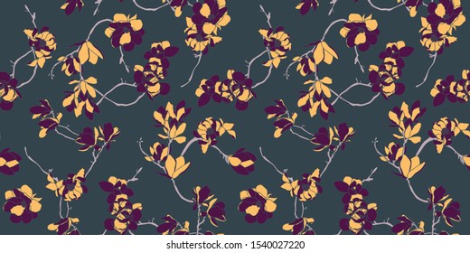 Floral seamless pattern wallpaper in purple, grey and peach color- Nordic magnolia flowers background - Vector