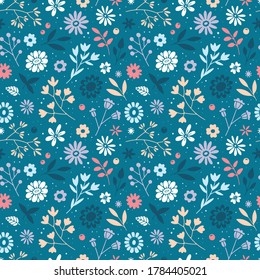 Floral seamless pattern for wallpaper, textile, print, postcards, notebooks, notepads. Floral ornament on a blue background. Cute doodle style illustration. Vector, eps 10