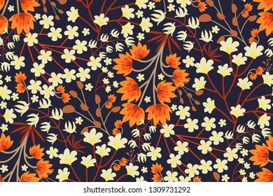 Floral seamless pattern in warm colors. Various flowers (yellow, orange, white) on a dark background. Prefect template for fashion, prints, Wallpapers, covers, books, magazines. Vector hand drawn 