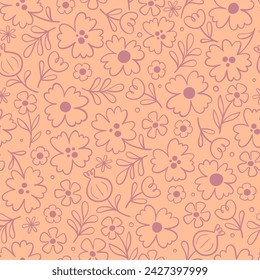 Floral seamless pattern in warm peachy tones. Seamless pattern with line art flowers. Vector illustration.