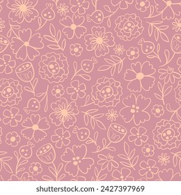 Floral seamless pattern in warm pink tones. Doodle style. Seamless pattern with line art flowers. Vector illustration.