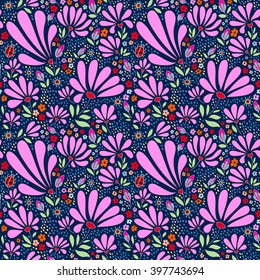 Floral seamless pattern. The warm spring night. Bright flowers on a dark blue background, color graphics, hand drawn vector.