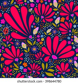 Floral seamless pattern. The warm spring night. Bright flowers on a dark blue background, color graphics, hand-drawn vector.