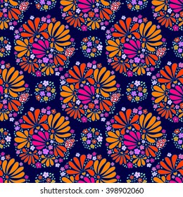 Floral seamless pattern. The warm spring night. Bouquets and wreaths of bright colors on a dark blue background, color graphics, hand drawn vector.