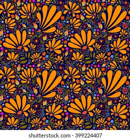 Floral seamless pattern. The warm spring night. Bright flowers on a dark blue background, color graphics, hand-drawn vector.