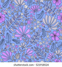 Floral seamless pattern. The warm spring night. Bright flowers on a dark blue background, color graphics, hand-drawn vector.