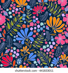 Floral seamless pattern. Warm summer night. Herbal form, flowers, leaves, ladybug on a dark blue background, hand-drawn vector.