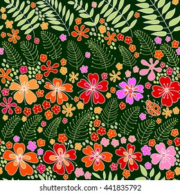Floral seamless pattern warm summer night, hand drawn vector color graphics. Herbal form, flowers, leaves, ladybug on a dark green background.