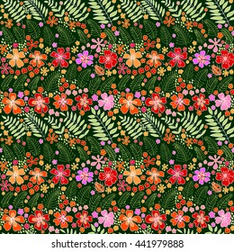 Floral seamless pattern warm summer night, hand drawn vector color graphics. Herbal form, flowers, leaves, ladybug on a dark green background.