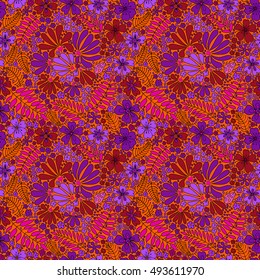 Floral seamless pattern. Warm summer night. Herbal form, flowers, leaves, ladybug on a orange background, hand-drawn vector.