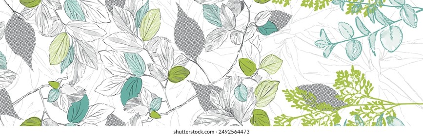 Floral Seamless Pattern of Watercolor Buds, Green and Light Blue Leaves abstract colorful flowers background watercolor illustration