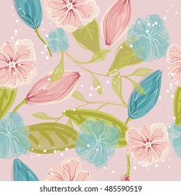 Floral seamless pattern  with watercolor effect in pastel colors. Vector texture of colorful flowers.

