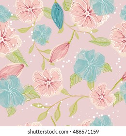 Floral seamless pattern  with watercolor effect in pastel colors. Vector texture of colorful flowers.
