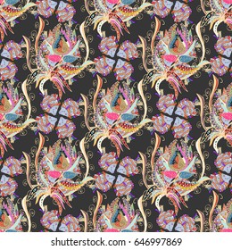 Floral seamless pattern with watercolor effect. Textile print for bed linen, jacket, package design, fabric and fashion concepts. Abstract vector seamless pattern flower design in blue and pink colors