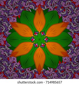 Floral seamless pattern with watercolor effect. Textile print for bed linen, jacket, package design, fabric and fashion concepts. Abstract vector seamless pattern flower design in green, orange colors