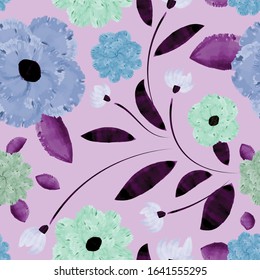 Floral seamless pattern with watercolor flowers in trendy 2020 violet and pastel colors on a pale lilac background. Vector illustration.