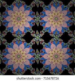 Floral seamless pattern with watercolor flowers. Vector illustration. In asian textile style on black, pink and blue background.