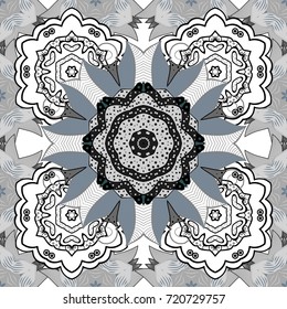 Floral seamless pattern with watercolor flowers. Vector illustration. In asian textile style on gray, white and neutral colors.
