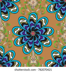 Floral seamless pattern with watercolor flowers. Vector illustration. In nice textile style on beige, blue and neutral colors.