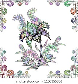 Floral seamless pattern with watercolor hand drawn elements. Bright colorful fantasy flowers, leaves, buds on white, neutral and green colors with white, neutral and green.