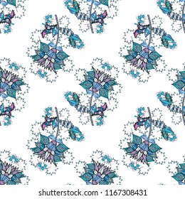 Floral seamless pattern with watercolor hand drawn elements. Bright colorful fantasy flowers, leaves, buds on white, blue and black colors with white, blue and black.