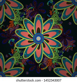 Floral seamless pattern with watercolor hand drawn elements. Bright colorful fantasy flowers, leaves, buds on gray, blue and green colors with gray, blue and green.