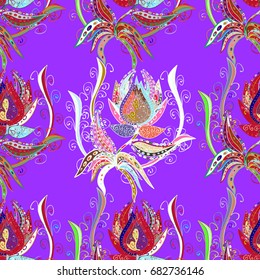 Floral seamless pattern with watercolor hand drawn elements. Bright colorful fantasy flowers, leaves, buds on colored background with.